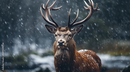 Red deer in falling snow in winter forest © Lubos Chlubny
