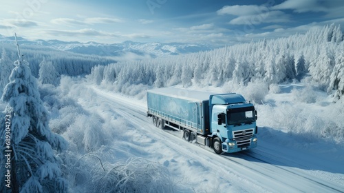 Aerial view of a truck on the road in the winter forest. Drone view. Ai generative