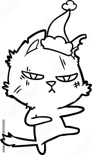 tough hand drawn line drawing of a cat wearing santa hat