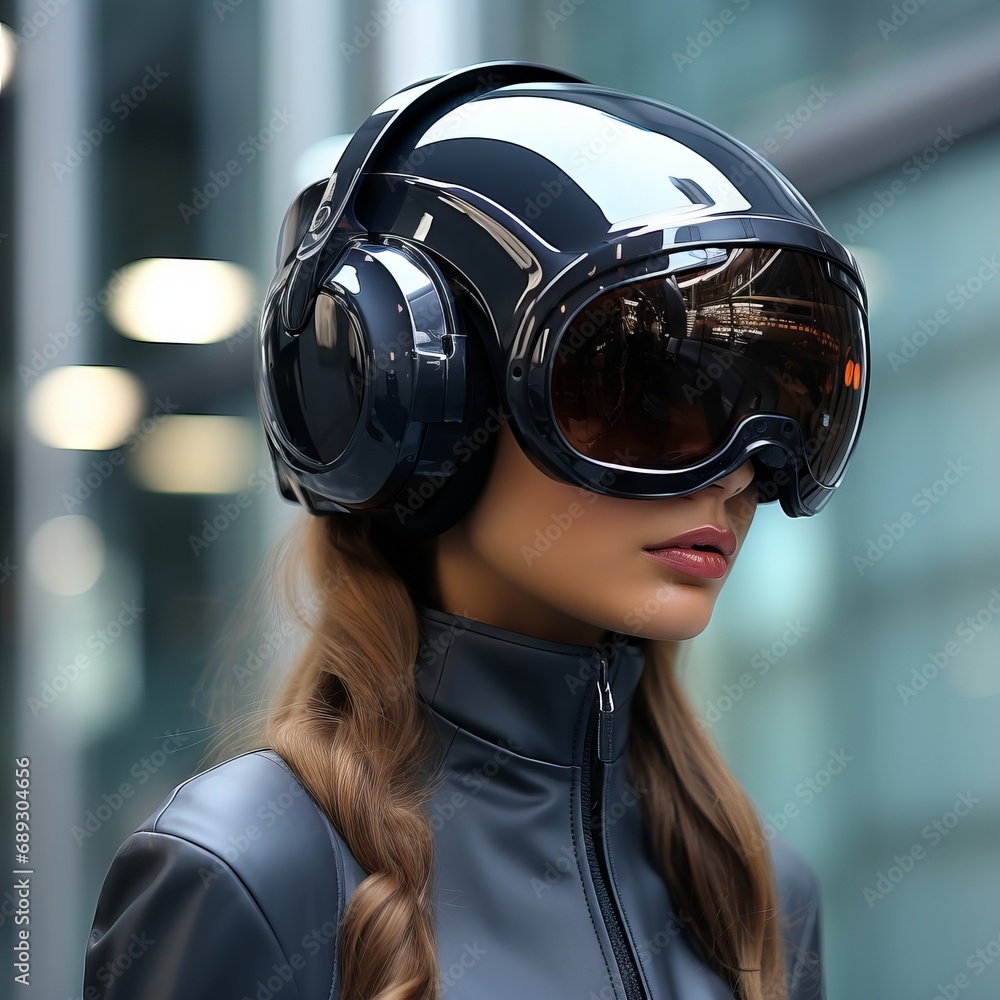 Girl of the future in futuristic glasses on an abstract background. Concept: artificial intelligence and woman AI technology. Copy space banner Girl of the future in futuristic glasses on an abstract background. Concept: artificial intelligence and woman AI technology. Copy space banner