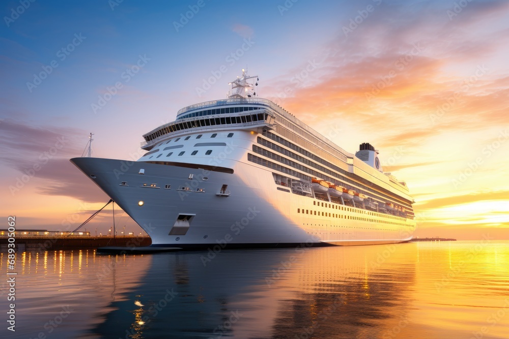 Cruise ship in the port of Odessa, Ukraine at sunset, A large white cruise ship stands near the pier at sunset, AI Generated