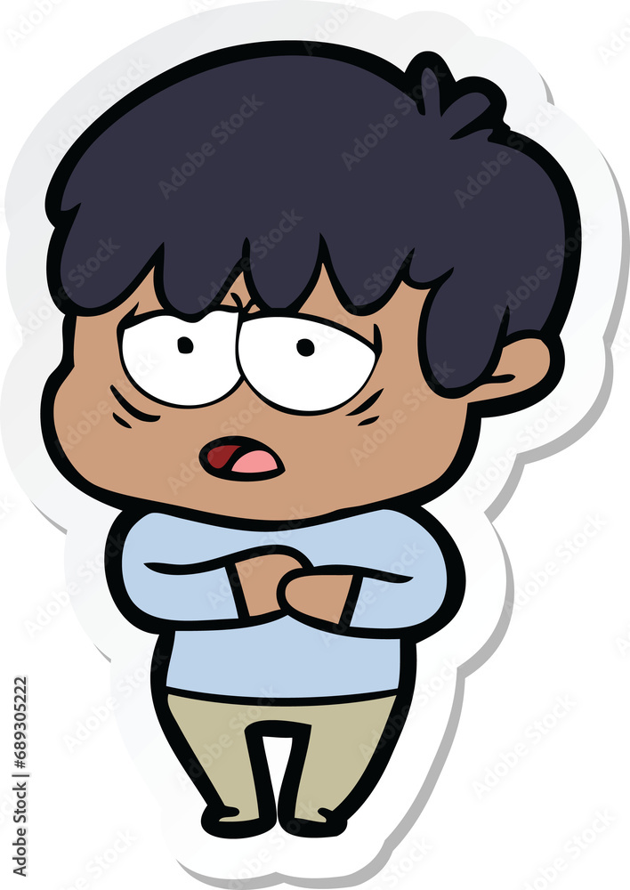 sticker of a cartoon exhausted boy