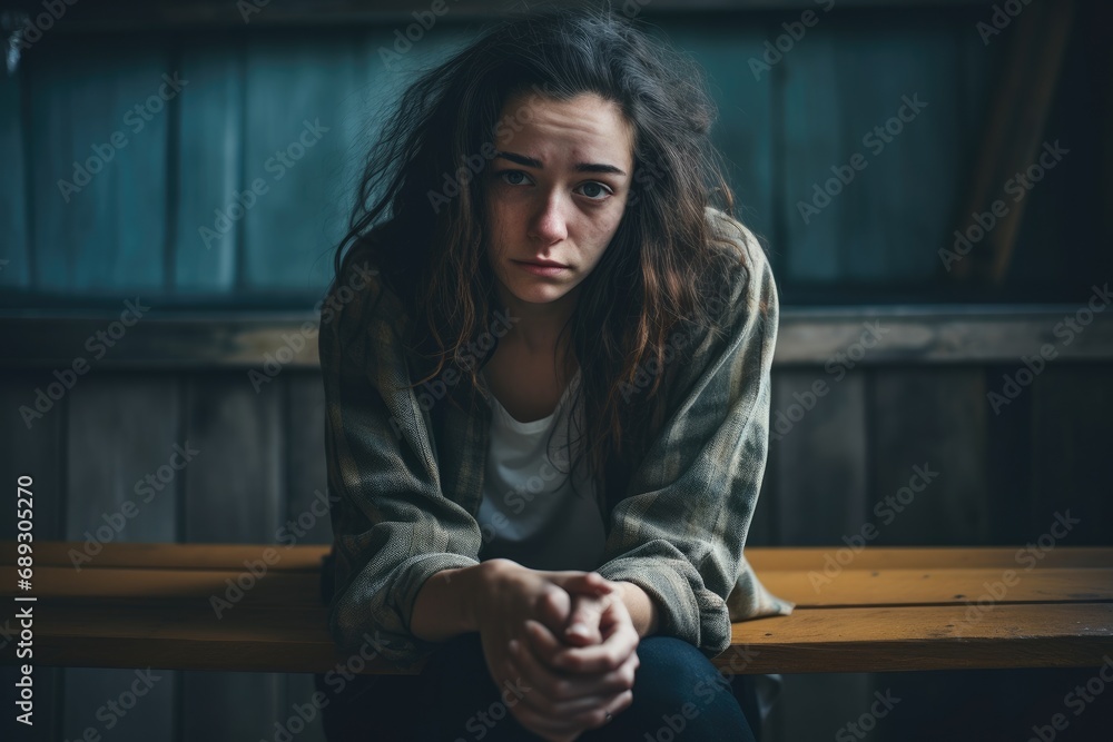 sad young woman sitting on a bench in a rustic room, a lonely young woman, looking depressed and stressed, AI Generated sad young woman sitting on a bench in a rustic room, a lonely young woman, looking depressed and stressed, AI Generated