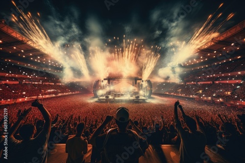 Concert crowd in front of bright stage lights. 3D Rendering, A live event, such as a concert or halftime show, taking place at a sports stadium, AI Generated