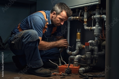 Plumber repairing a heating system. He is using a wrench, A male plumber repairs a pipeline or drain under the sink, AI Generated