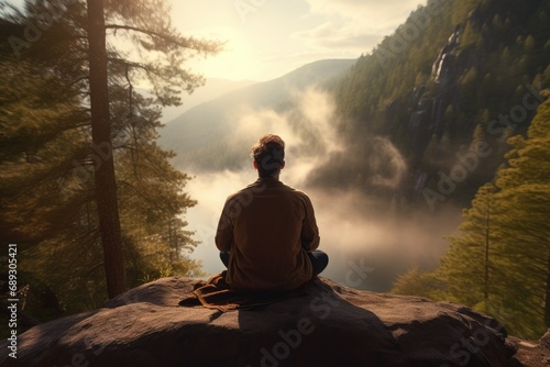 Man meditating in lotus position on a rock in the forest, A man practicing mindfulness and meditation in a peaceful natural environment, AI Generated