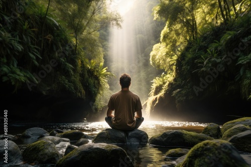 Man meditating in the lotus position on the rock in the forest  A man practicing mindfulness and meditation in a peaceful natural environment  AI Generated
