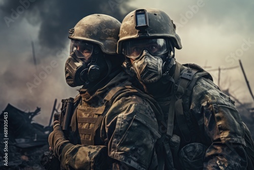 Portrait of two special forces soldiers in the smoke and fire, A military soldier carrying another soldier on his shoulder on a battlefield, face covered with a mask, AI Generated
