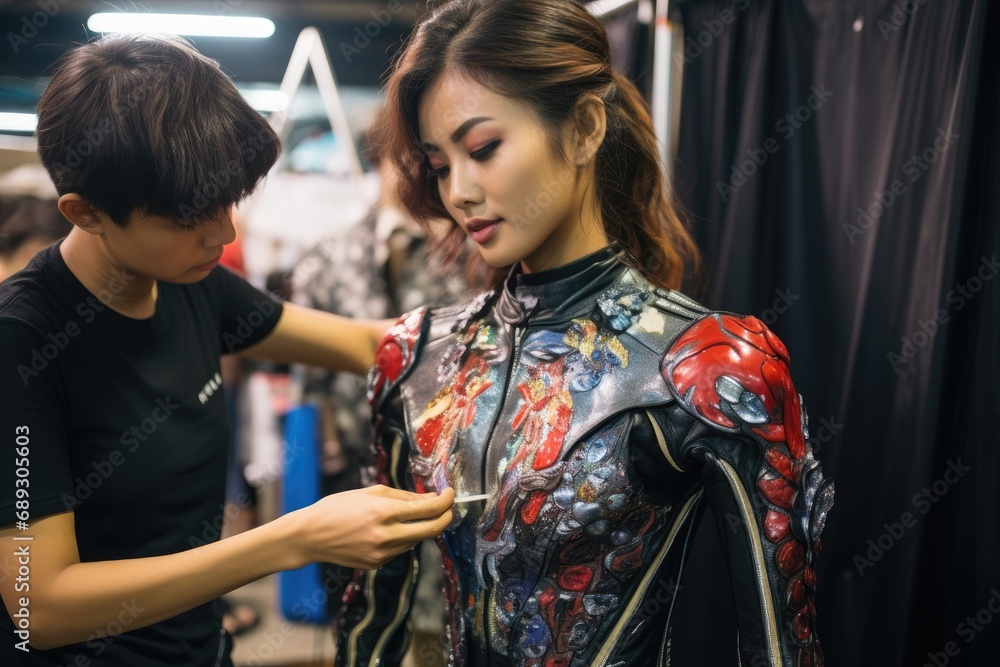 Young asian woman fashion designer working with her client in the studio, A model getting ready backstage before the Thailand International Motorcycle Salon at Impact, Thailand, AI Generated