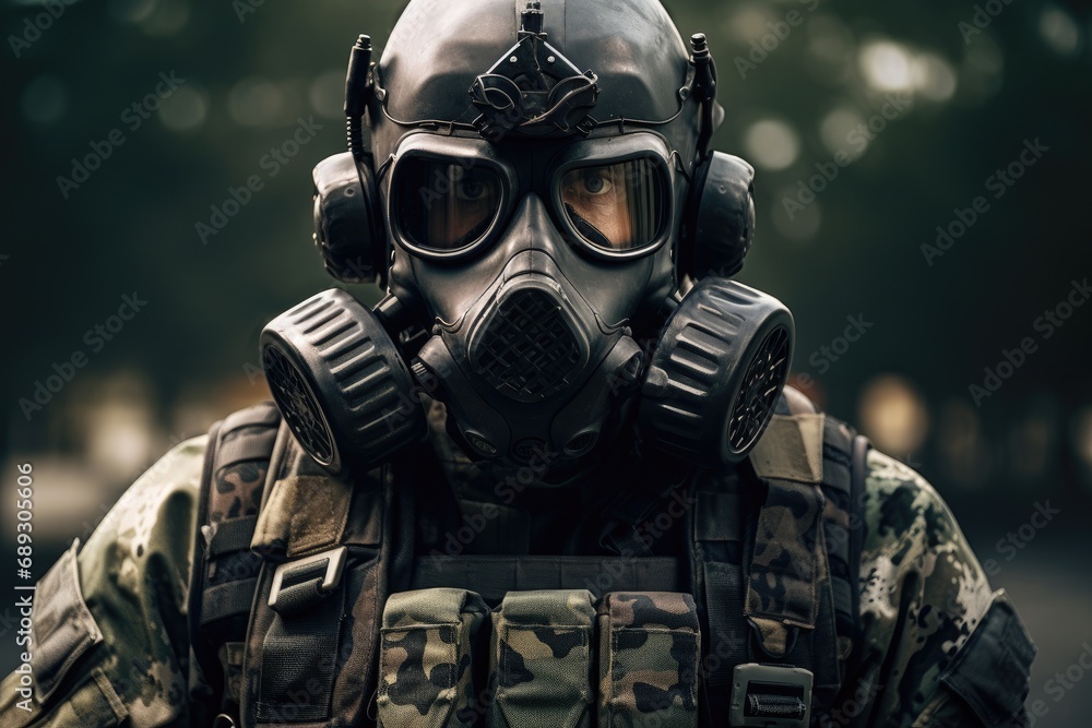 Portrait of a man in a gas mask in an industrial environment, A modern elite soldier fully geared up with special equipment, face covered with a gas mask, AI Generated