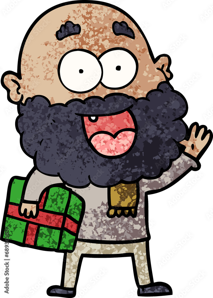 cartoon crazy happy man with beard and gift under arm