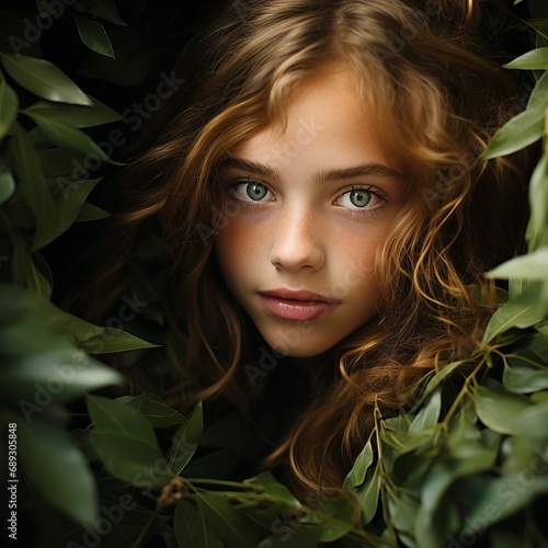 Portrait of a young woman looking through green myrtle leaves, focusing on her eyes. Concept: people and nature, ecology 