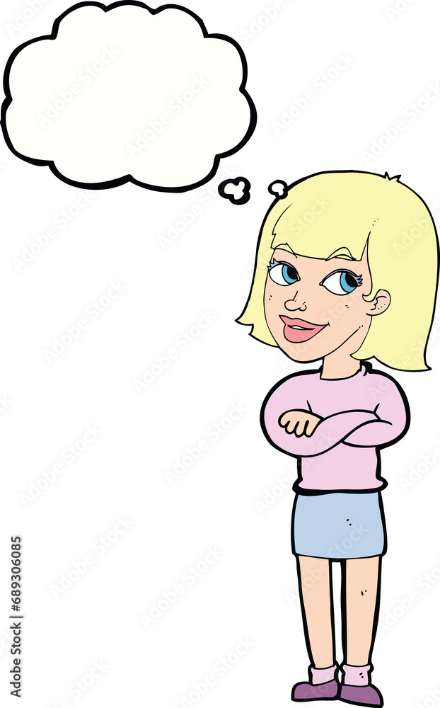 cartoon happy woman looking over with thought bubble cartoon happy woman looking over with thought bubble