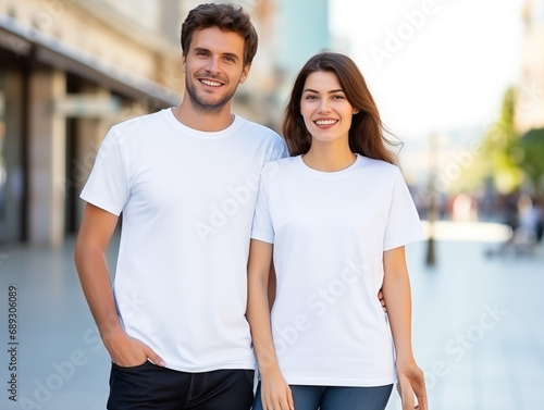 A couple boyfriend and girlfriend wearing blank white matching t-shirts mockup for design template photo
