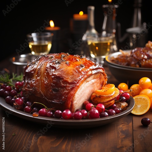 Roast duck on a tray, garnished with fresh herbs, cranberries and lemon wedges, steaming on a dark background. Festive feast for the company. Delicious and fatty food
 photo