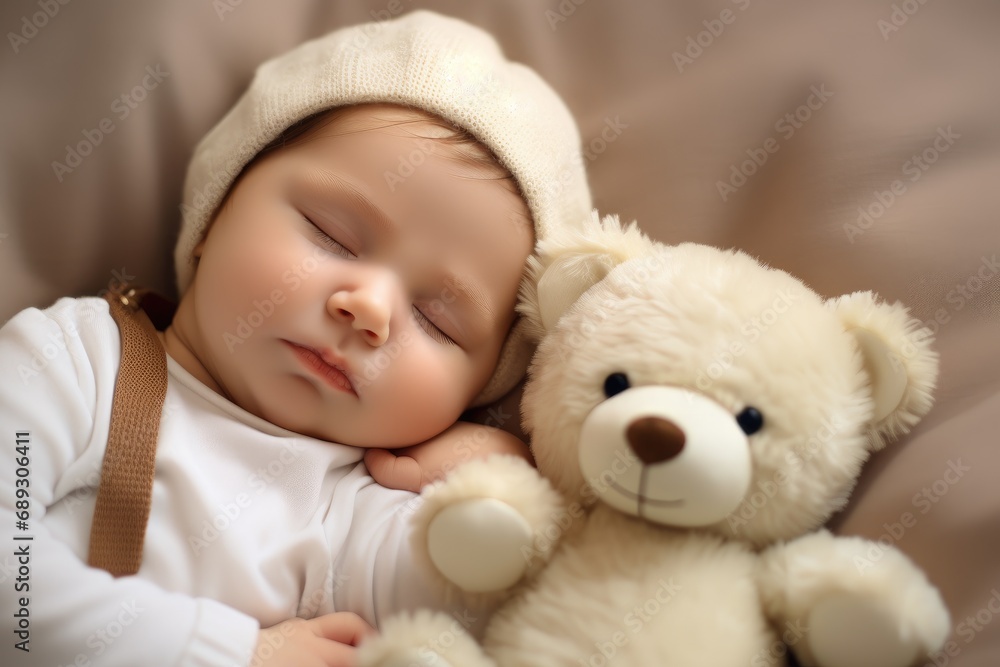 Cute little baby sleeping with teddy bear on bed at home, A newborn baby sleeping with a teddy bear on a comfy white bed, AI Generated Cute little baby sleeping with teddy bear on bed at home, A newborn baby sleeping with a teddy bear on a comfy white bed, AI Generated