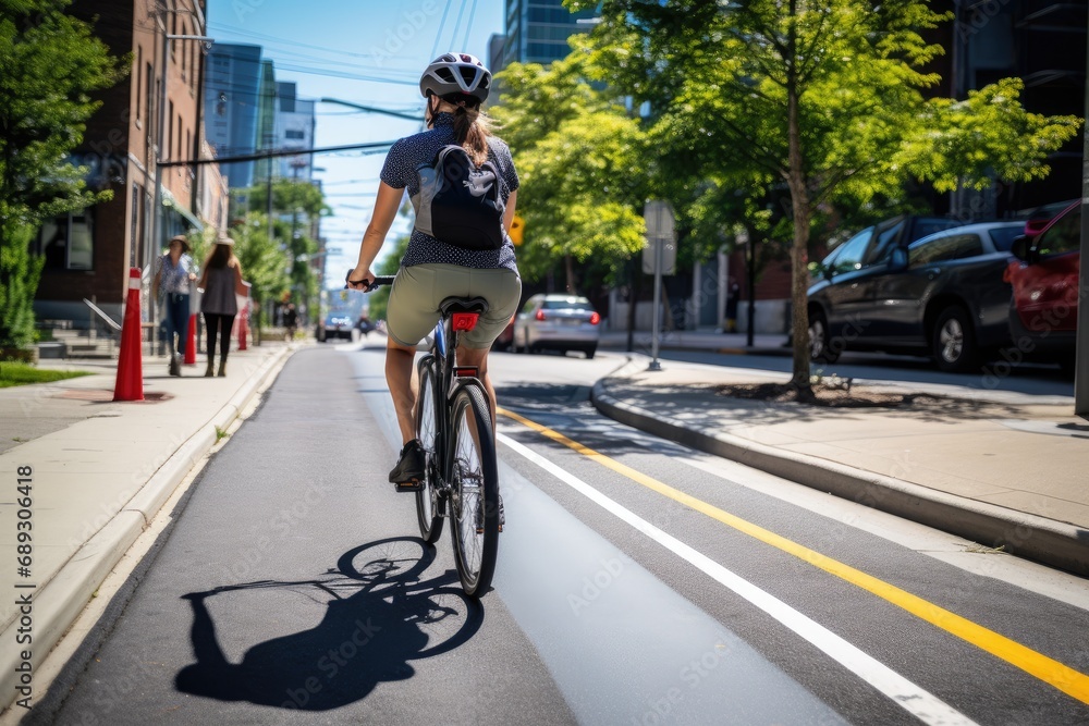 Obraz premium Rear view of a young woman riding a bicycle in the city, A person zipping through a dedicated bike lane on a stylish electric bicycle, AI Generated