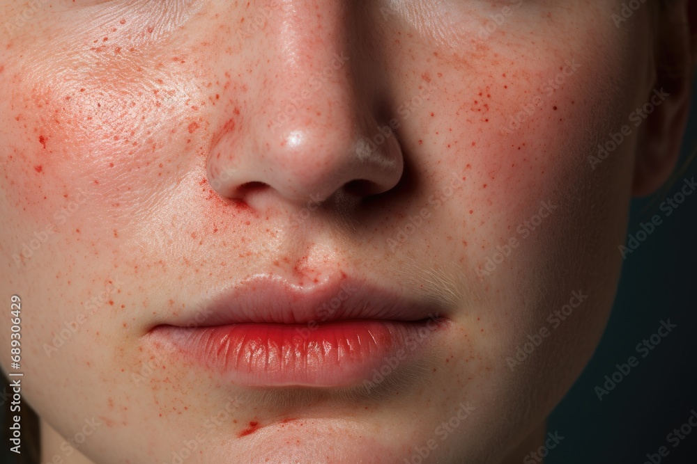 Fototapeta premium Portrait of a young woman with freckles on her face, A person's facial skin with visible redness and pustules, AI Generated