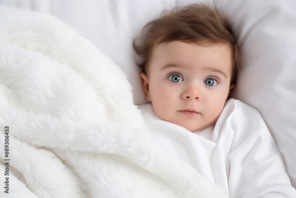 Cute little baby lying on white blanket, top view. Baby care concept, A photo of a baby lying in bed with a white blanket, AI Generated Cute little baby lying on white blanket, top view. Baby care concept, A photo of a baby lying in bed with a white blanket, AI Generated