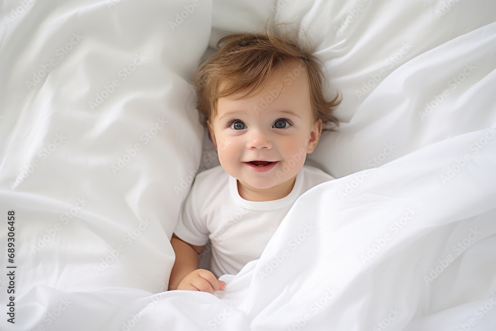 Cute little baby lying on white bedding, closeup view, A photo of a baby lying on a white bed sheet, AI Generated