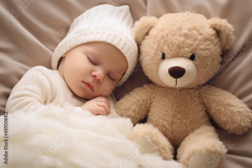 Cute baby sleeping with teddy bear on bed, closeup, A newborn baby sleeping with a teddy bear on a comfy white bed, AI Generated © Iftikhar alam