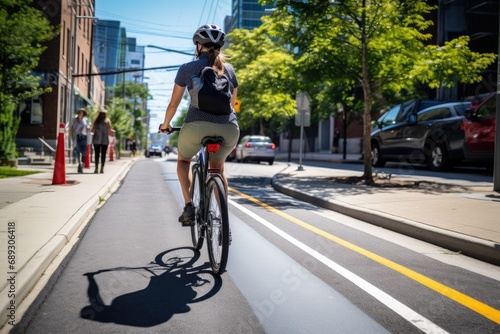 Rear view of a young woman riding a bicycle in the city, A person zipping through a dedicated bike lane on a stylish electric bicycle, AI Generated © Iftikhar alam
