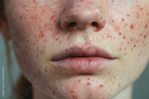 Young woman with acne on her face, closeup. Skin care concept, A person's facial skin with visible redness and pustules, AI Generated