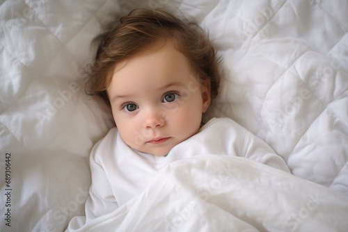 Cute little baby girl lying on bed at home, top view, A photo of a baby lying in bed with a white blanket, AI Generated