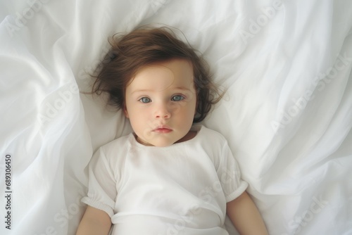 Portrait of cute little baby girl lying on white bedding, A photo of a baby lying on a white bed sheet, AI Generated