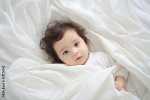 Cute baby girl lying on white bedding and looking at camera, A photo of a baby lying on a white bed sheet, AI GeneratedA photo of a baby lying on a white bed sheet, AI Generated, AI Generated