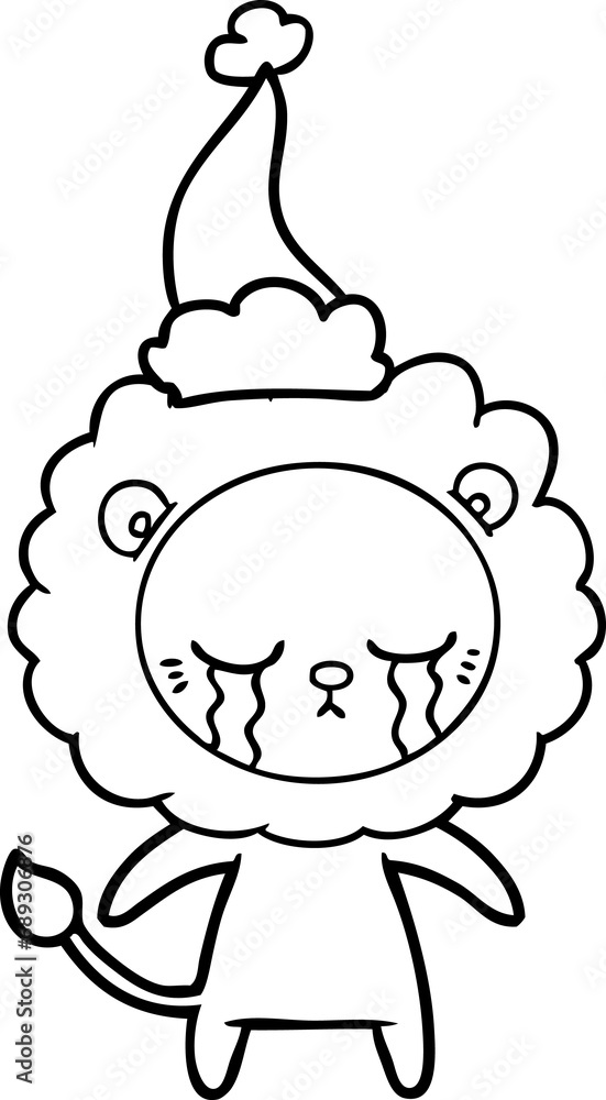 Obraz premium crying hand drawn line drawing of a lion wearing santa hat