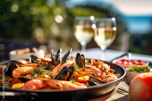 Traditional spanish paella with seafood served in a plate with white wine in a restaurant photo