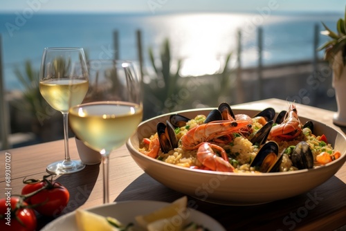 Traditional spanish paella with seafood served in a pan on the table in a restaurant on the beach