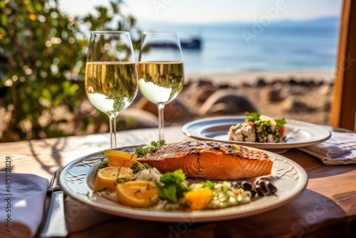 Grilled salmon and two glasses with white wine a on a table in a restaurant by the sea