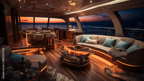 Luxury interior design of modern yacht in style of “Old money”, on the background of the night ocean