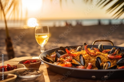 Traditional spanish paella with seafood served in a pan on the table in a restaurant on the beach photo