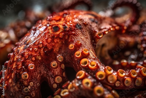 Close up on an octopus roasting on a decision in a beach restaurant