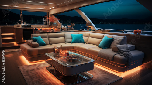 Luxury interior design of modern yacht in style of “Old money”, on the background of the night ocean