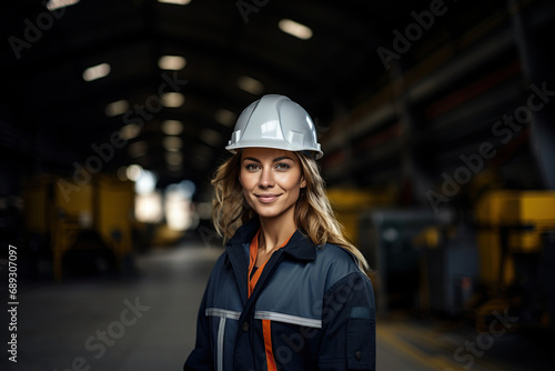 Beautiful woman construction worker wearing protective helmet. Generative Ai