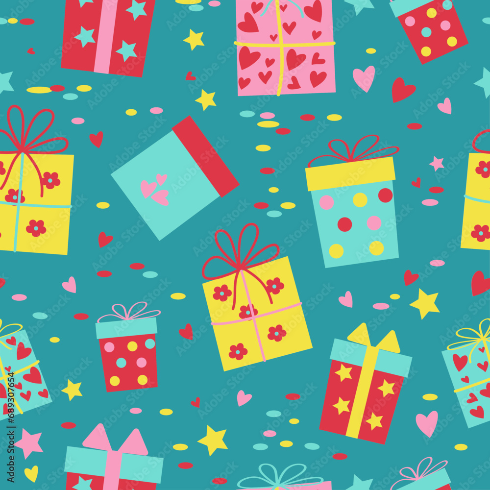 Gifts in boxes. Doodle drawings. Seamless pattern, holiday decor. Bright colored packaging, gifts for Birthday, Christmas, New Year, Valentine's Day. Confetti, hearts. Background, texture. Gifts in boxes. Doodle drawings. Seamless pattern, holiday decor. Bright colored packaging, gifts for Birthday, Christmas, New Year, Valentine's Day. Confetti, hearts. Background, texture.