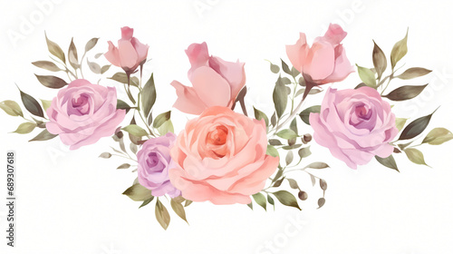  Pink rose flower bouquet collection with watercolo, decorative flower background pattern, PPT background © feeng