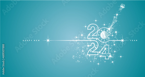 New Year 2024 countdown line design firework champagne white sea green blue background vector
