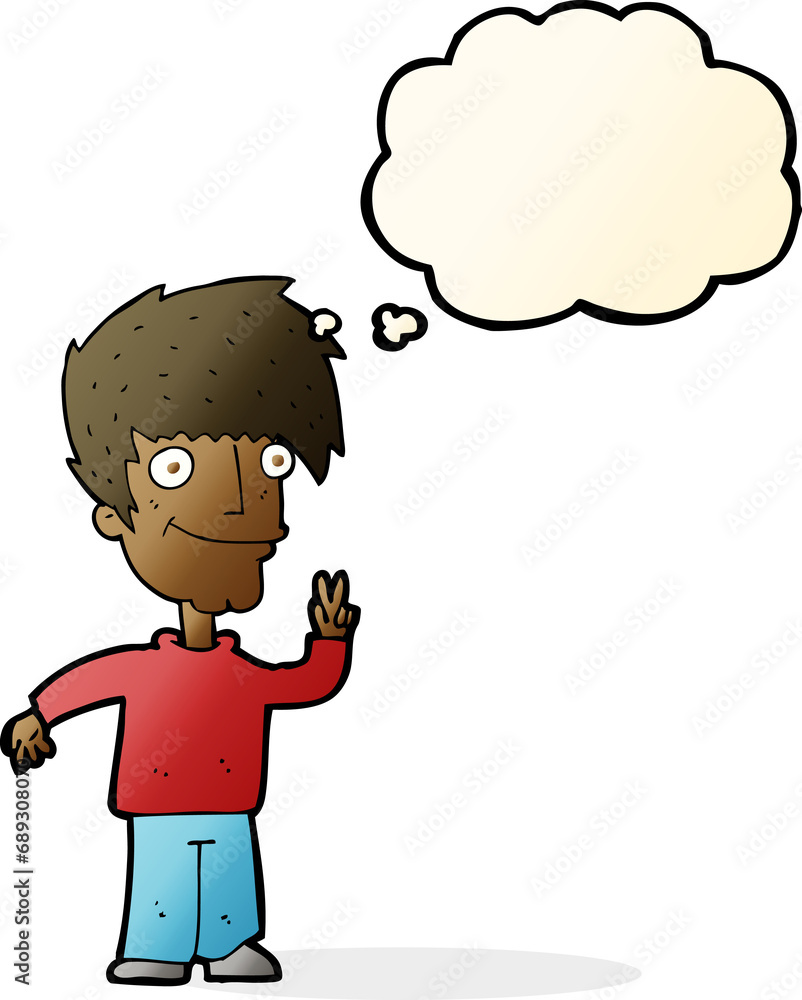 cartoon man giving peace sign with thought bubble cartoon man giving peace sign with thought bubble