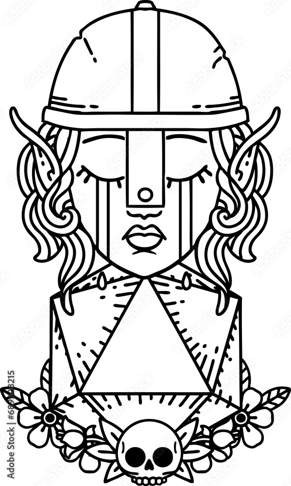 Black and White Tattoo linework Style sad elf fighter character with natural one d20 roll Black and White Tattoo linework Style sad elf fighter character with natural one d20 roll