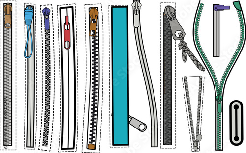 Zip fastener with Zipper puller flat sketch vector illustrator. Set of water proof invisible Zip pocket types for Shorts, Pants, dress garments, bags, jackets Clothing and Accessories