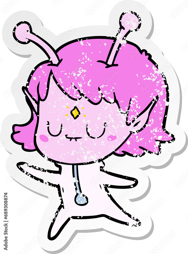 distressed sticker of a cartoon alien girl distressed sticker of a cartoon alien girl