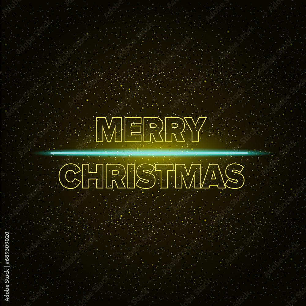 Merry Christmas square banner with neon greeting text and night stars and lights. Merry Christmas flyer, card or invitation with starry space and text