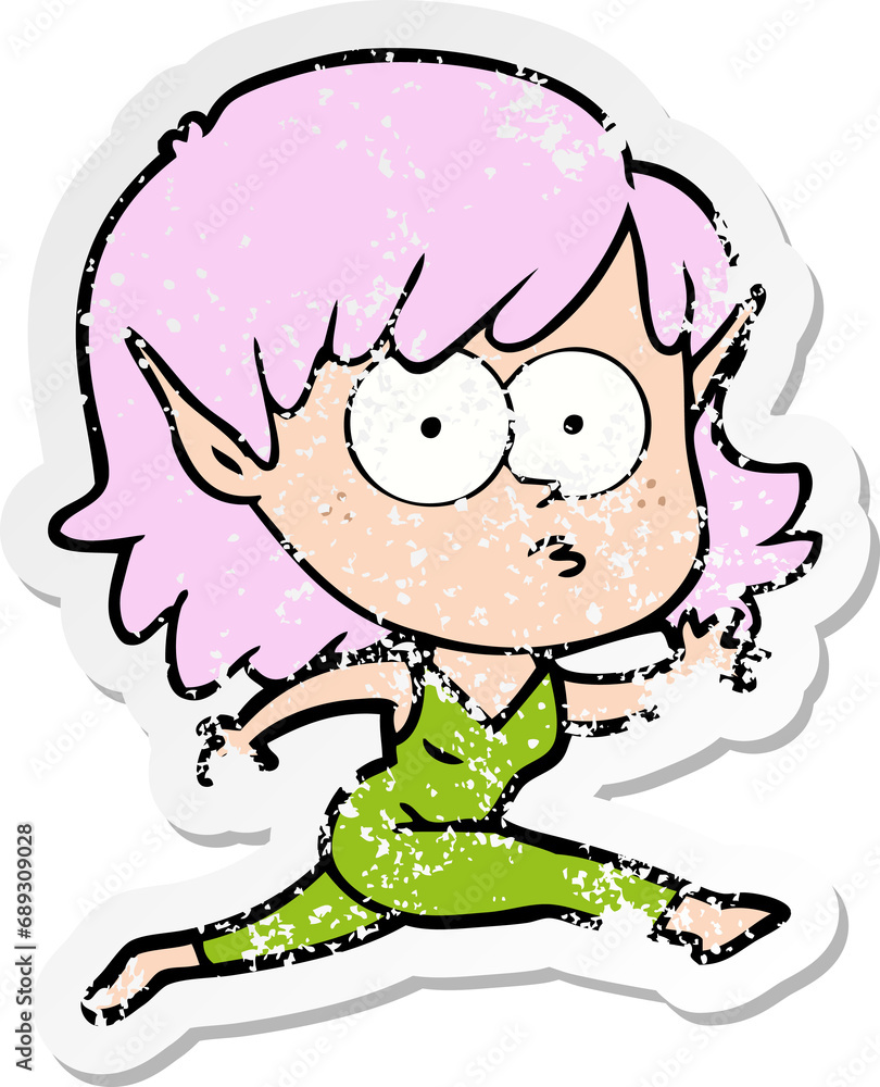 distressed sticker of a cartoon elf girl running distressed sticker of a cartoon elf girl running