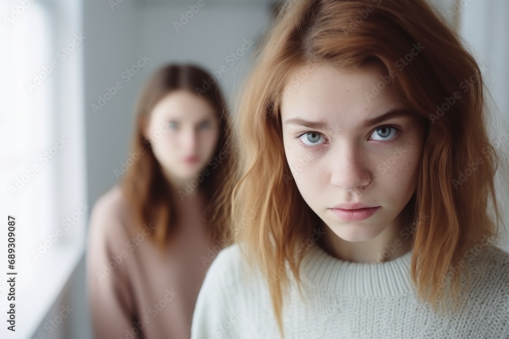 Close up upset redhead teen girls and her sister at home, problems of adolescence, conflict between teenagers Close up upset redhead teen girls and her sister at home, problems of adolescence, conflict between teenagers