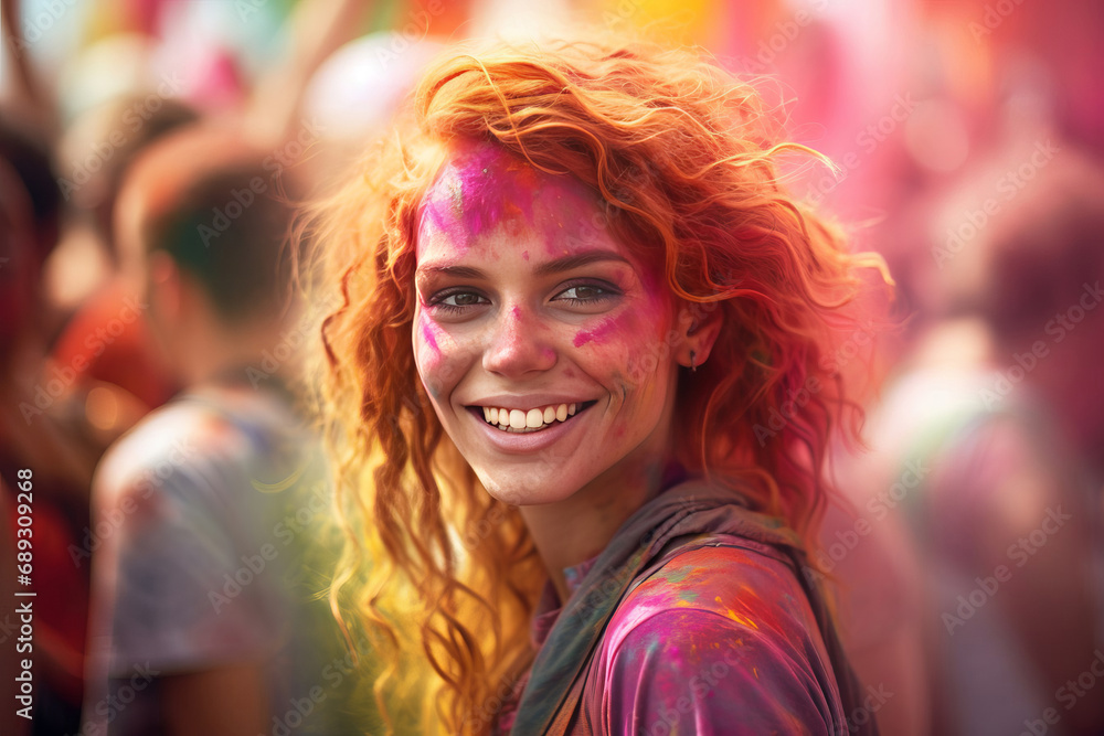 Portrait of a young woman at the Holi festival, expressing joy and fun. 